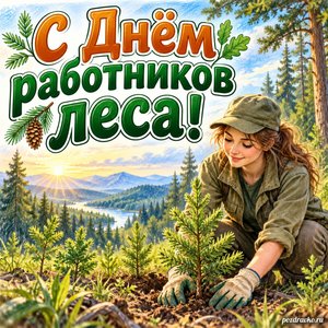 День лесника — открытка «С Днём работников леса!» со специалистом у зелёных саженцев
