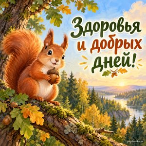 День лесника — открытка «Здоровья и добрых дней!» с белкой на веточке