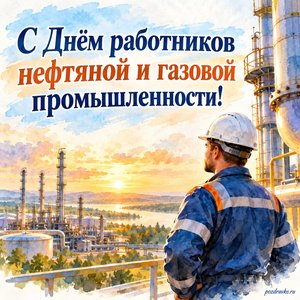 День нефтяника и газовика — открытка «С Днём работников нефтяной и газовой промышленности!» со специалистом в защитной каске у безопасного оборудования