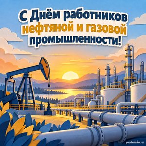 День нефтяника и газовика — открытка «С Днём работников нефтяной и газовой промышленности!» с промышленной площадкой в мягком рассветном свете