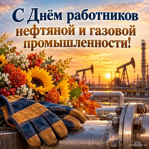 День нефтяника и газовика — открытка «С Днём работников нефтяной и газовой промышленности!» с рабочими перчатками и осенними цветами