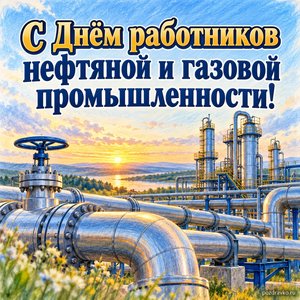 День нефтяника и газовика — открытка «С Днём работников нефтяной и газовой промышленности!» с закрытой системой труб на фоне спокойного неба
