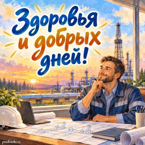 День нефтяника и газовика — открытка «Здоровья и добрых дней!» с инженером за рабочим столом