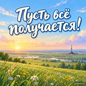День нефтяника и газовика — открытка «Пусть всё получается!» с буровой установкой вдали на фоне зелёной равнины