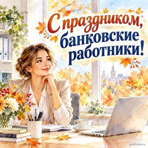 День работников Сбербанка России — открытка «С праздником, банковские работники!» с банковским специалистом у осеннего окна без логотипов