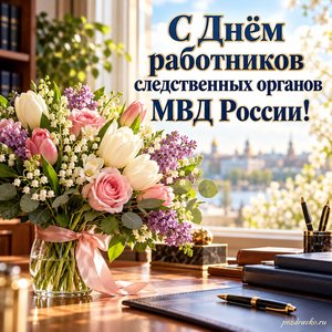 День следователя МВД — открытка «С Днём работников следственных органов МВД России!» с весенним букетом у окна кабинета День следователя МВД — открытка «С Днём работников следственных органов МВД России!» с весенним букетом у окна кабинета