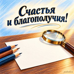 День следователя МВД — открытка «Счастья и благополучия!» с карандашами, лупой и чистым листом День следователя МВД — открытка «Счастья и благополучия!» с карандашами, лупой и чистым листом