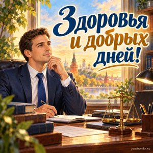 День следователя МВД — открытка «Здоровья и добрых дней!» с юристом в деловом костюме у рабочего стола День следователя МВД — открытка «Здоровья и добрых дней!» с юристом в деловом костюме у рабочего стола