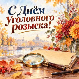 День уголовного розыска — открытка «С Днём уголовного розыска!» с лупой, папкой и осенними цветами