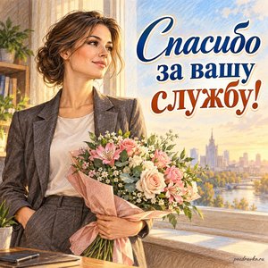 День уголовного розыска — открытка «Спасибо за вашу службу!» с сотрудницей у окна с букетом
