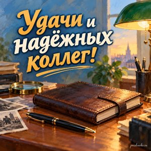 День уголовного розыска — открытка «Удачи и надёжных коллег!» с рабочим столом, ручкой и закрытым блокнотом