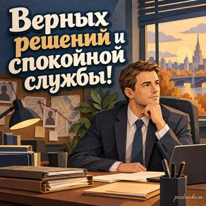 День уголовного розыска — открытка «Верных решений и спокойной службы!» с сотрудником в нейтральном деловом костюме у стола