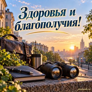 День уголовного розыска — открытка «Здоровья и благополучия!» с тихим городским кварталом на рассвете