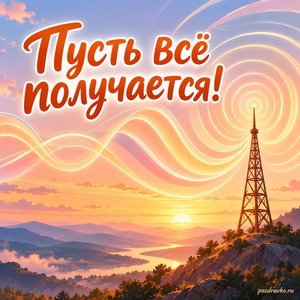 День радио — открытка «Пусть всё получается!» с абстрактными радиоволнами в тёплых цветах