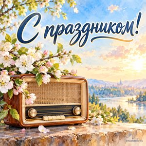 День радио — открытка «С праздником!» с ретрорадиоприёмником и цветущей веточкой