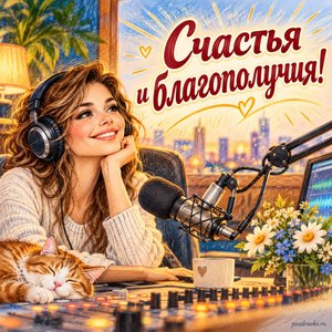 День радио — открытка «Счастья и благополучия!» с ведущим у микрофона без логотипов