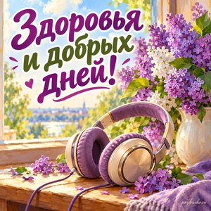 День радио — открытка «Здоровья и добрых дней!» с наушниками и букетом сирени