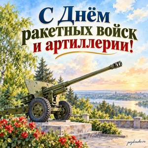 День ракетных войск и артиллерии — открытка «С Днём ракетных войск и артиллерии!» с артиллерийским орудием в музейном парке без маркировки