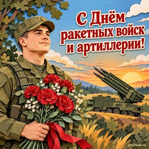 День ракетных войск и артиллерии — открытка «С Днём ракетных войск и артиллерии!» с военнослужащим в нейтральной форме и букетом