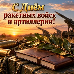День ракетных войск и артиллерии — открытка «С Днём ракетных войск и артиллерии!» с веточкой лавра и закрытым блокнотом