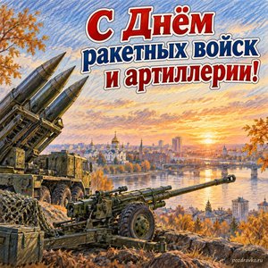День ракетных войск и артиллерии — открытка «С Днём ракетных войск и артиллерии!» с мирным городом в мягком ноябрьском свете