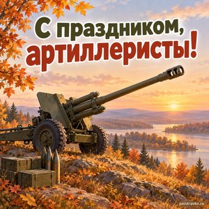 День ракетных войск и артиллерии — открытка «С праздником, артиллеристы!» с орудием в спокойном осеннем пейзаже без боевых действий