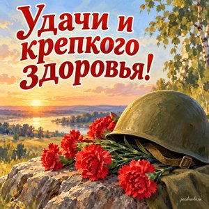 День ракетных войск и артиллерии — открытка «Удачи и крепкого здоровья!» с гвоздиками и защитной каской без эмблем