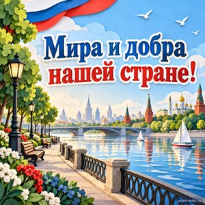 День России — открытка «Мира и добра нашей стране!» с мирной городской набережной