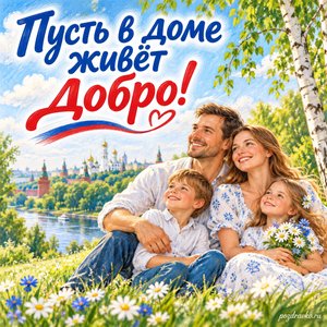 День России — открытка «Пусть в доме живёт добро!» с семьёй в зелёном парке