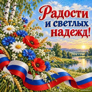 День России — открытка «Радости и светлых надежд!» с букетом полевых цветов и трёхцветной лентой без эмблем