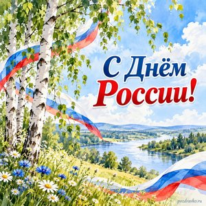 День России — открытка «С Днём России!» с берёзами у реки и развевающимися лентами триколора