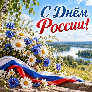 День России — открытка «С Днём России!» с летним полем ромашек и васильков