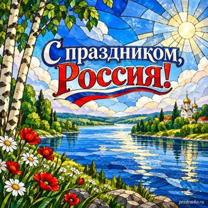 День России — открытка «С праздником, Россия!» с широким речным пейзажем