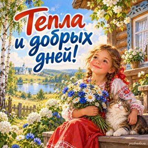 День России — открытка «Тепла и добрых дней!» с деревянным домом среди цветущего сада
