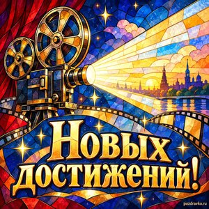 День российского кино — открытка «Новых достижений!» с проектором и лучом света