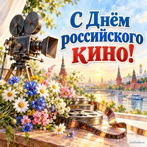 День российского кино — открытка «С Днём российского кино!» с кинокамерой и летним букетом