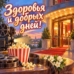 День российского кино — открытка «Здоровья и добрых дней!» с уютным кинотеатром без афиш
