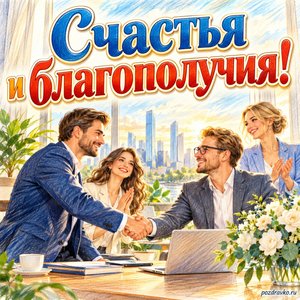 День российского предпринимательства — открытка «Счастья и благополучия!» с деловыми партнёрами у светлого окна