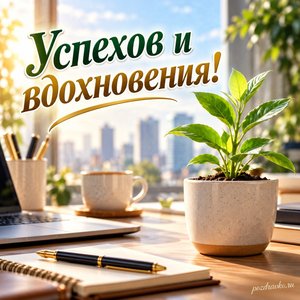 День российского предпринимательства — открытка «Успехов и вдохновения!» с ростком в керамическом горшке на рабочем столе