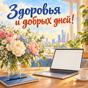 День российского предпринимательства — открытка «Здоровья и добрых дней!» с аккуратным ноутбуком с пустым экраном и букетом
