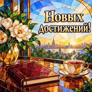 День российской адвокатуры — открытка «Новых достижений!» с закрытым блокнотом и чашкой чая
