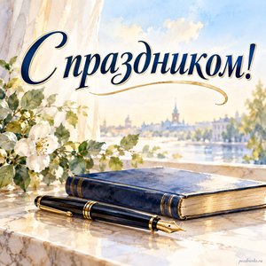 День российской адвокатуры — открытка «С праздником!» с перьевой ручкой и закрытой книгой