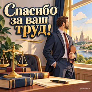 День российской адвокатуры — открытка «Спасибо за ваш труд!» с адвокатом в деловом костюме у окна