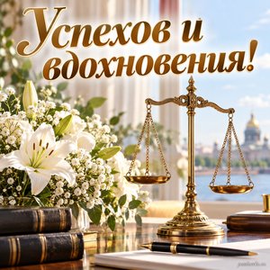 День российской адвокатуры — открытка «Успехов и вдохновения!» с весами правосудия и белыми цветами