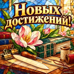 День российской полиграфии — открытка «Новых достижений!» с переплётными инструментами и весенним цветком