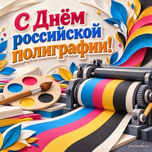 День российской полиграфии — открытка «С Днём российской полиграфии!» с валиком печатного станка и палитрой красок