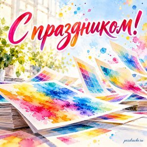 День российской полиграфии — открытка «С праздником!» с цветными печатными листами