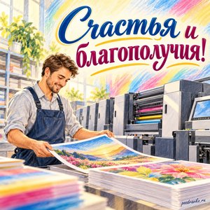 День российской полиграфии — открытка «Счастья и благополучия!» с оператором современного печатного оборудования