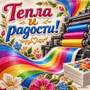 День российской полиграфии — открытка «Тепла и радости!» с радужными полосами печатной краски