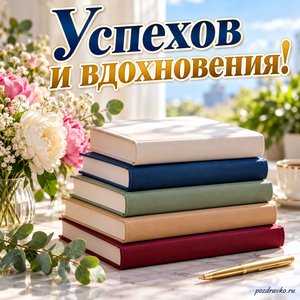День российской полиграфии — открытка «Успехов и вдохновения!» с аккуратной стопкой книг